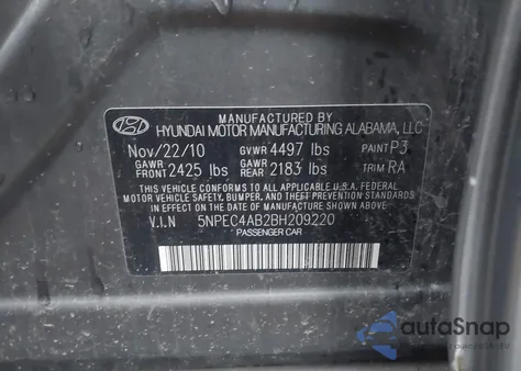 2011 Hyundai Sonata Se 2.0T z USA, uszkodzony, nr VIN 5NPEC4AB2BH209220